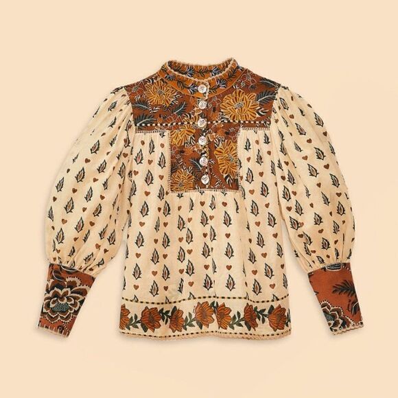 Farm Rio Beige Ainika Floral Long Sleeve Blouse - Picture 3 of 10